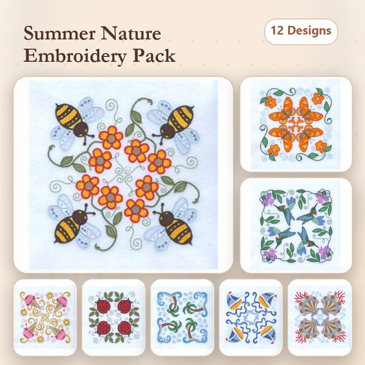 Floral & Insect Embroidery Designs Bundle – Bee and Flower, Orange Butterfly, Floral Vine & More (12 Designs)