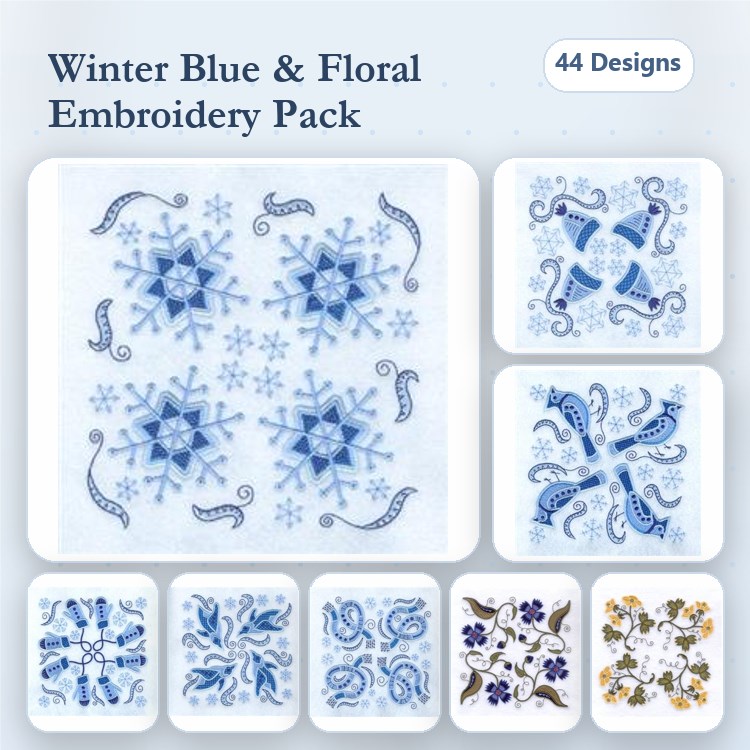 Winter Floral Embroidery Bundle – Snowflake, Blue Paisley, Flower Cluster & More (44 Designs)