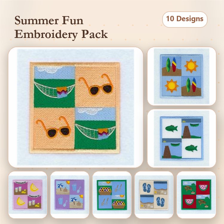 Summer Vibes Embroidery Bundle – Sunglasses, Hammock, Sun & Beach Ball (10 Designs)