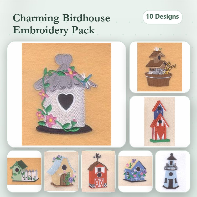 Birdhouse Embroidery Designs Bundle – Flower Birdhouse, Three-Tier Birdhouse, Red Birdhouse & More (10 Designs)