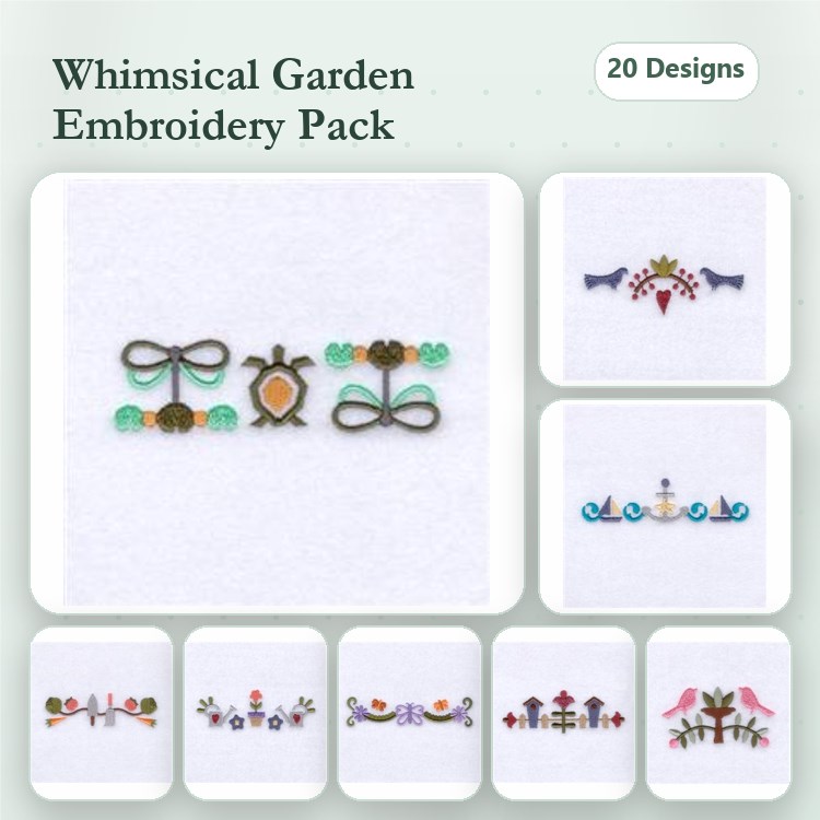Whimsical Garden Elements Embroidery Designs Bundle – Bow, Turtle, Flower & More (20 Designs)