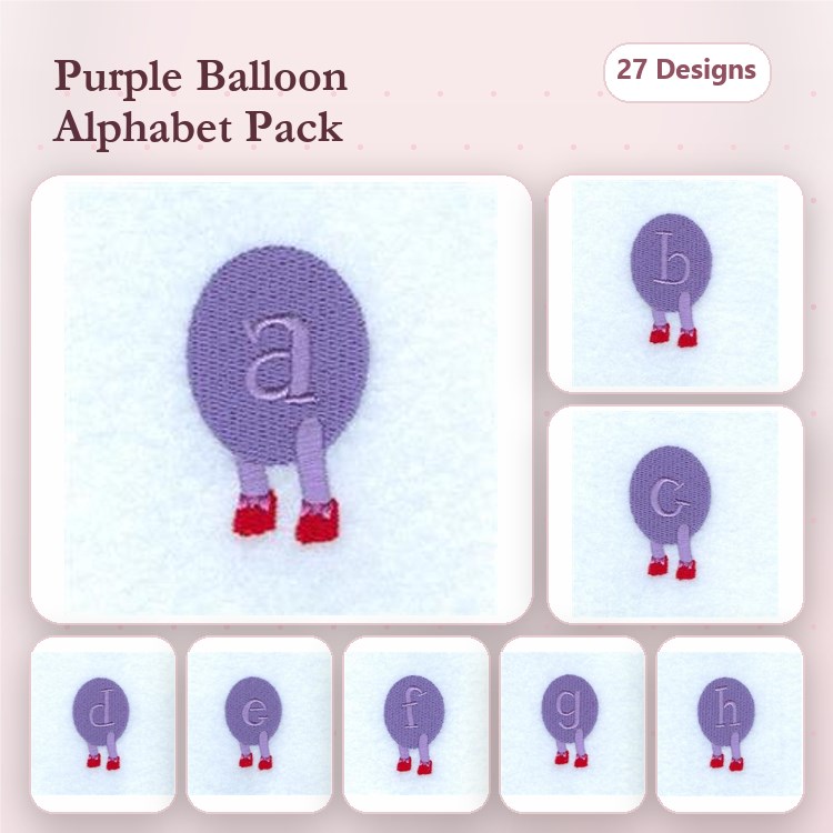Purple Balloon Alphabet Embroidery Designs Bundle – Purple Balloon with A, B, C & More (27 Designs)