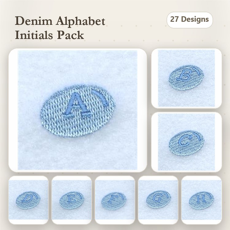 Denim Alphabet Initials Embroidery Designs Bundle – A Initial, B Initial, C Initial & More (27 Designs)