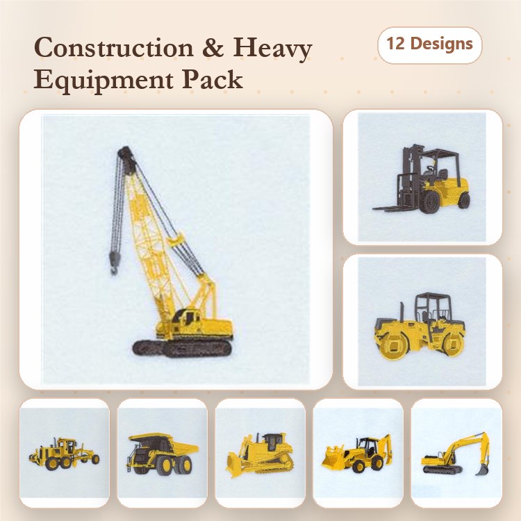 Construction Equipment Embroidery Designs Bundle – Crawler Crane, Forklift, Bulldozer, Loader & More (12 Designs)