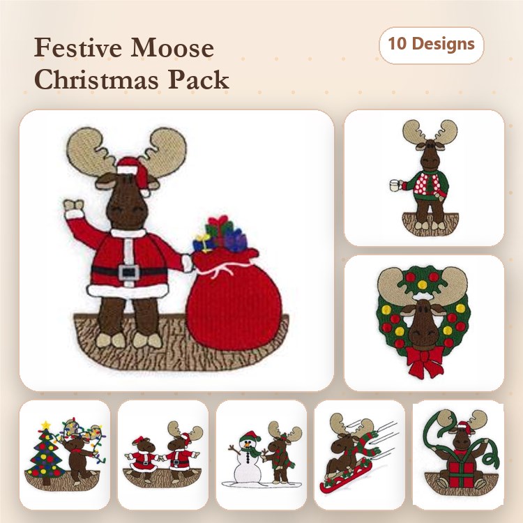 Applique Festive Moose Embroidery Bundle – Santa Moose, Moose with Presents, Moose in Santa Hat & More (10 Designs)
