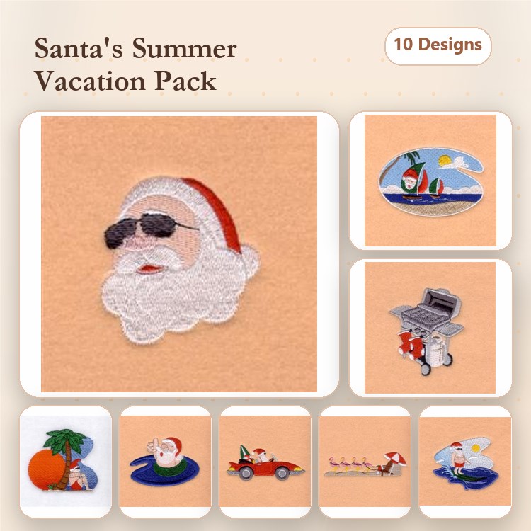 Santa Summer Fun Embroidery Designs Bundle – Santa with Sunglasses, Santa on Vacation, Santa in a Boat & More (10 Designs)