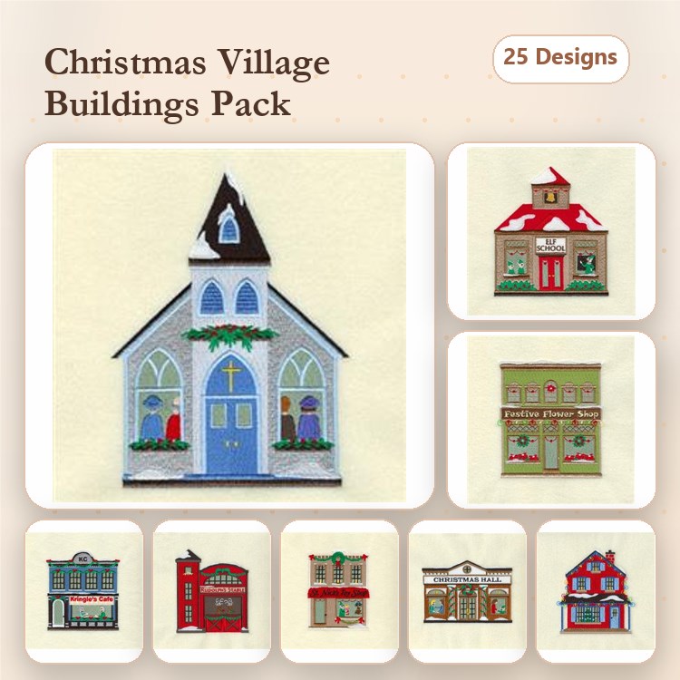 Christmas Village Buildings Embroidery Bundle – Church, Red House, Green Store & More (25 Designs)