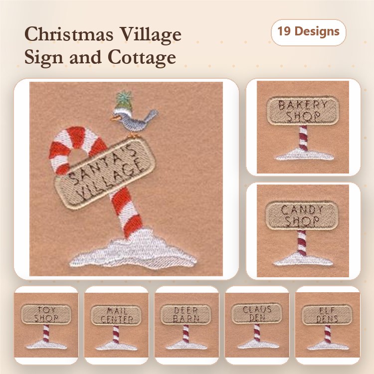 Christmas Village Signs Embroidery Designs Bundle – Santa's Village Sign, Bakery Shop Sign, Candy Shop Sign & More (19 Designs)