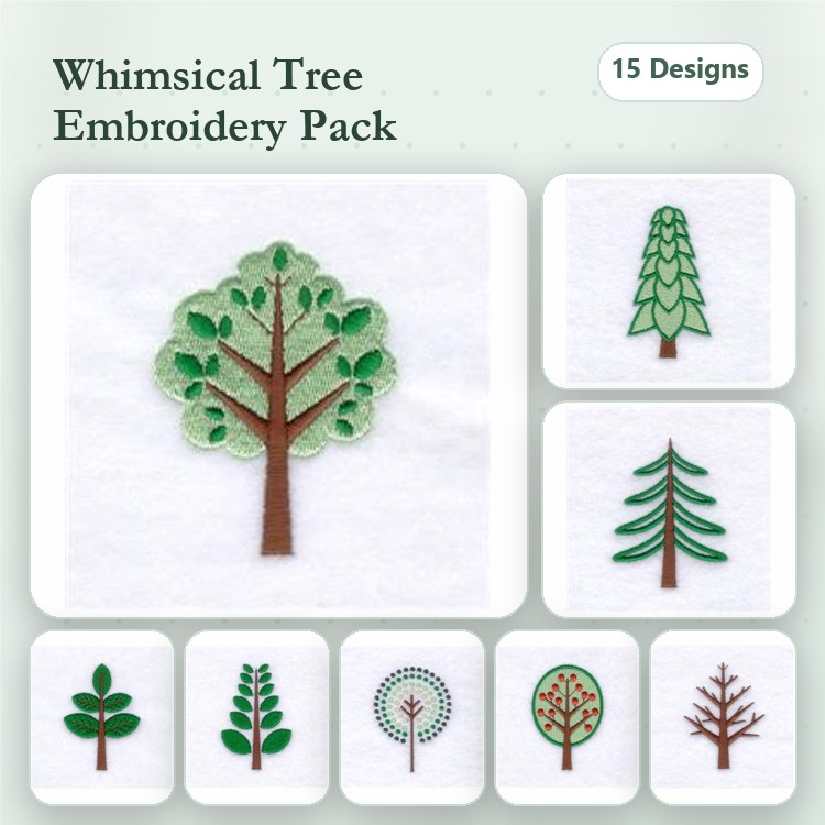 Whimsical Trees Embroidery Designs Bundle – Pine, Evergreen, Leafy & More (15 Designs)