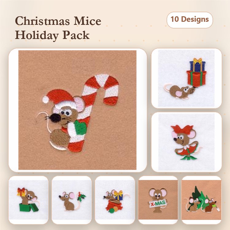 Christmas Mouse Embroidery Designs Bundle – Candy Cane Mouse, Present Mouse, Mouse with Holly & More (10 Designs)