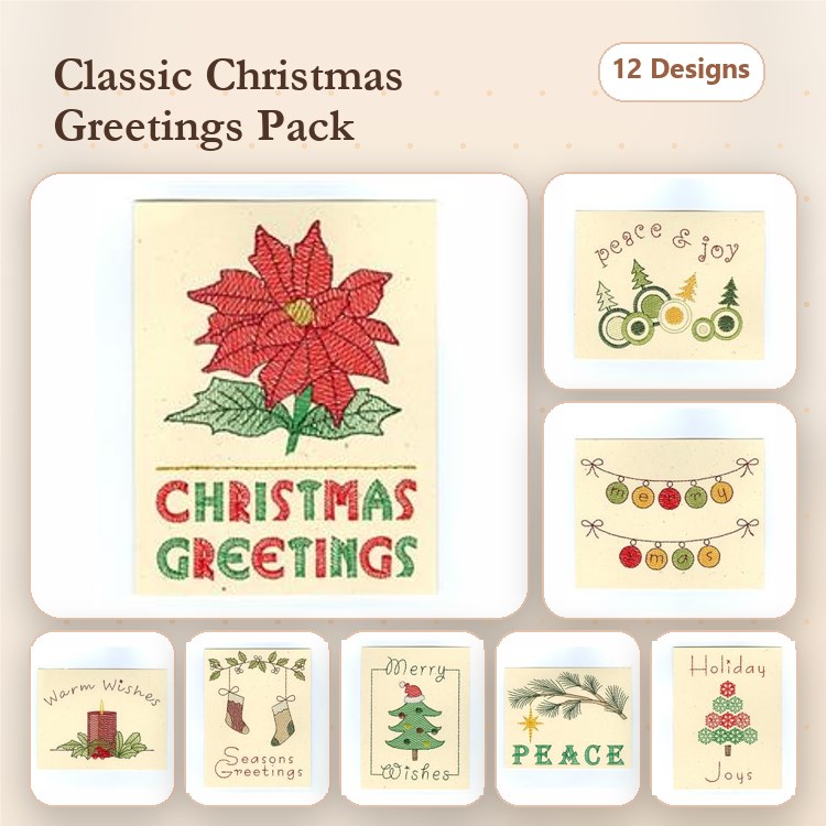 Christmas Greetings Embroidery Designs Bundle – Poinsettia, Holiday Wishes, Peace & More (12 Designs)