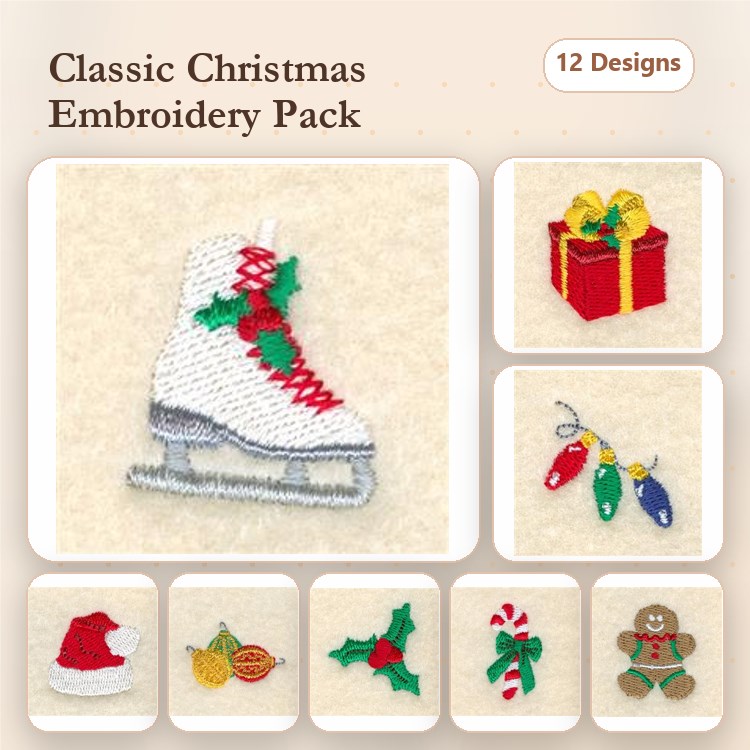 Christmas Embroidery Designs Bundle – Ice Skate, Santa Hat, Gift Box & More (12 Designs)