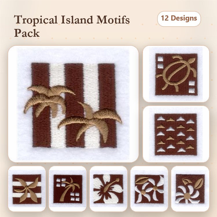 Tropical Island Embroidery Bundle – Palm Tree, Turtle, Wave & More (12 Designs)