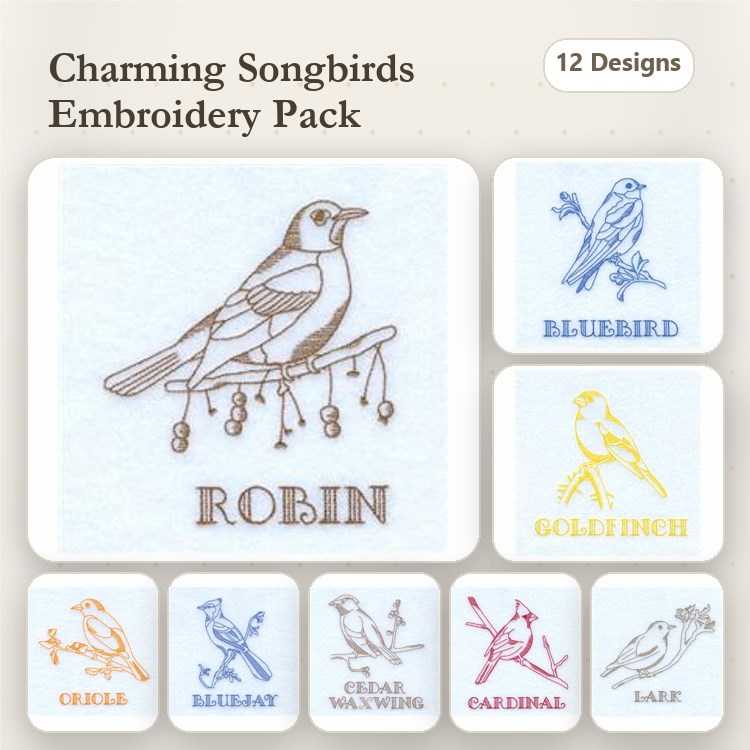 Redwork Charming Songbirds Embroidery Designs Bundle – Robin, Bluebird, Goldfinch, Chickadee & More (12 Designs)