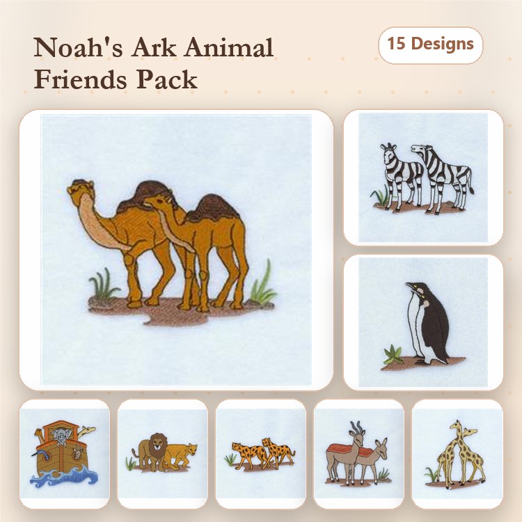 Noah's Ark Animal Embroidery Bundle – Camels, Zebras, Penguins & More (15 Designs)