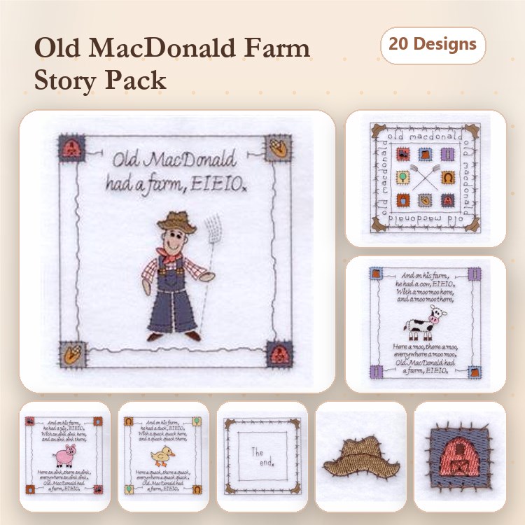 Farm Animal Embroidery Designs Bundle – Old MacDonald with Pitchfork, Cow and Barn, Chicken Coop & More (20 Designs)