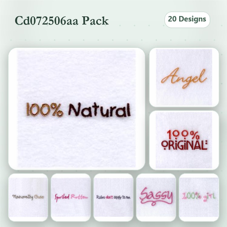 Text-Based Phrases Embroidery Designs Bundle – 100% Natural, 100% Original, Naturally Cute & More (20 Designs)