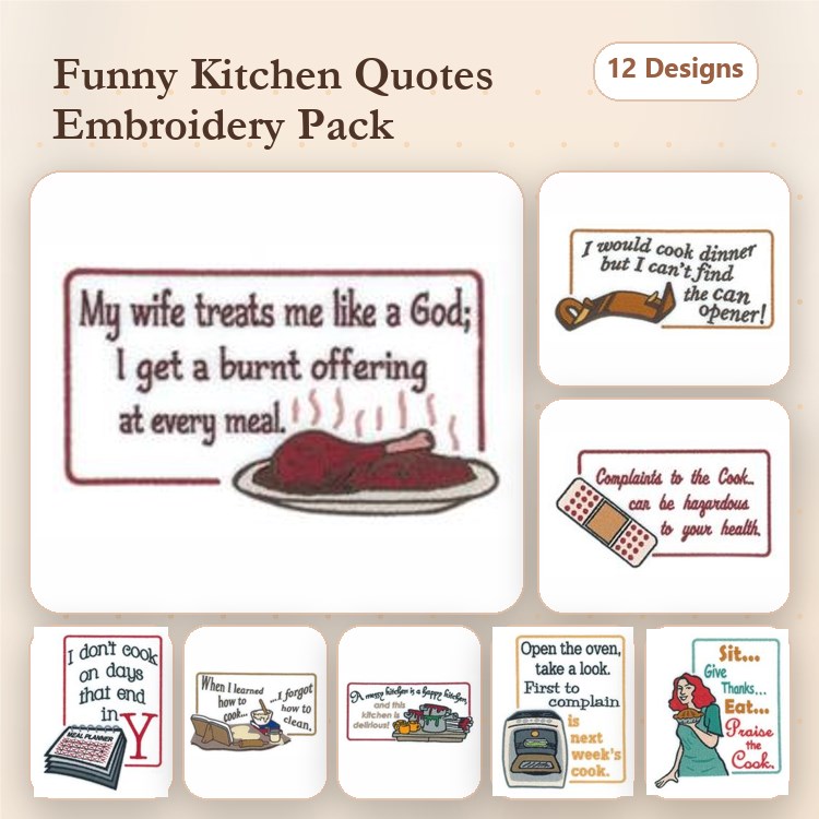 Funny Kitchen Quotes Embroidery Designs Bundle – My Wife Treats Me Like a God, I Would Cook Dinner & More (12 Designs)