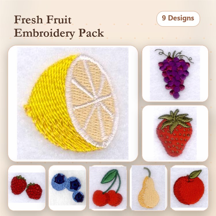 Fresh Fruit Embroidery Bundle – Lemon Slice, Grapes, Strawberry & More (9 Designs)