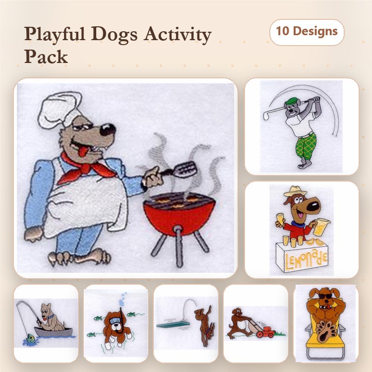 Dog Embroidery Bundle – Fun Summer Activities (10 Designs)