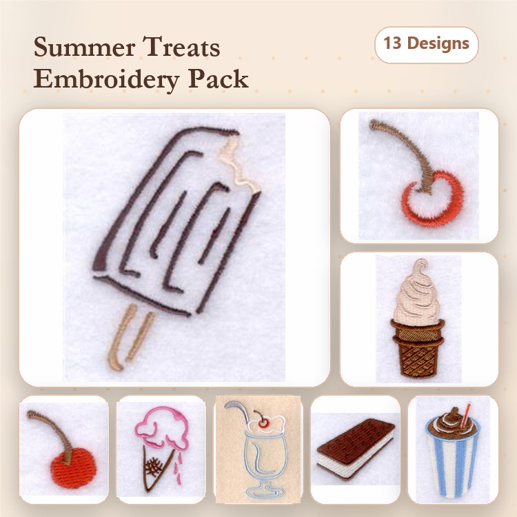 Summer Treats Embroidery Designs Bundle – Popsicle, Ice Cream Cone, Milkshake & More (13 Designs)