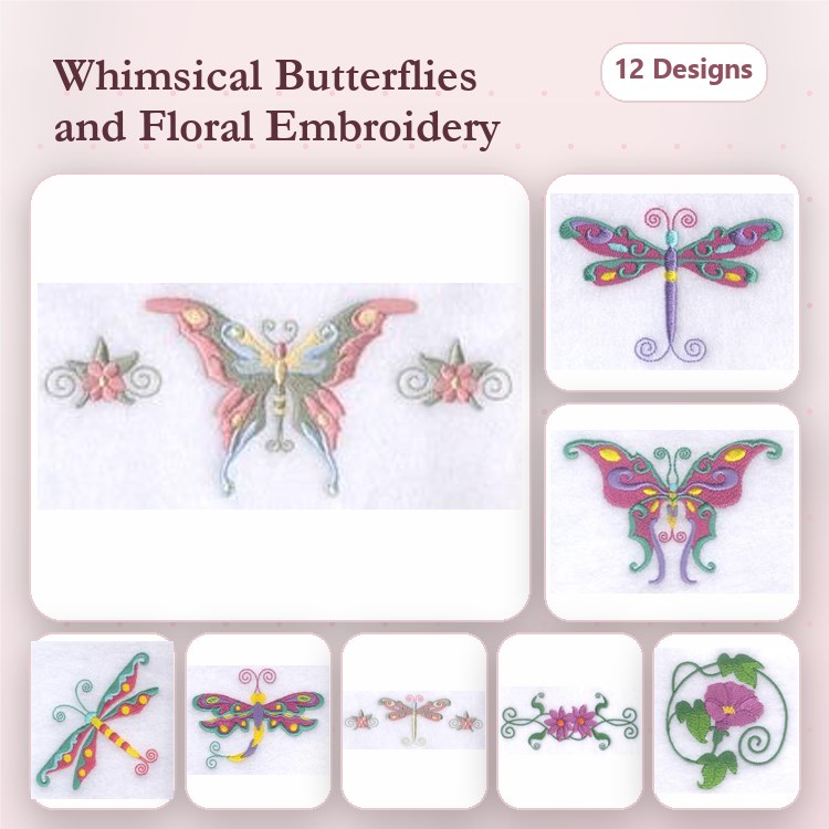 Butterfly & Floral Embroidery Bundle – Whimsical Butterfly with Floral Detail, Colorful Butterfly, Elegant Floral Design & More (12 Designs)