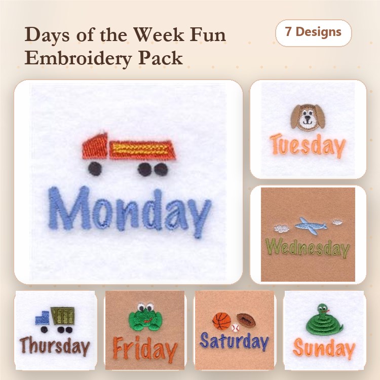 Days of the Week Embroidery Bundle – Fun Designs (7 Designs)