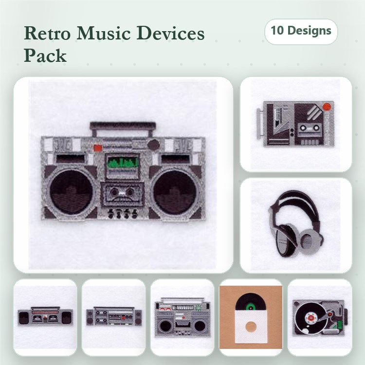Retro Music Devices Embroidery Designs Bundle – Boom Box, Cassette Player, Record Player & More (10 Designs)