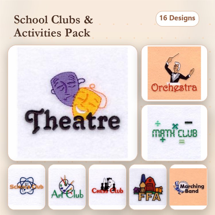 School Clubs & Activities Embroidery Designs Bundle – Theatre Masks, Orchestra, Math Club, Art Club & More (16 Designs)
