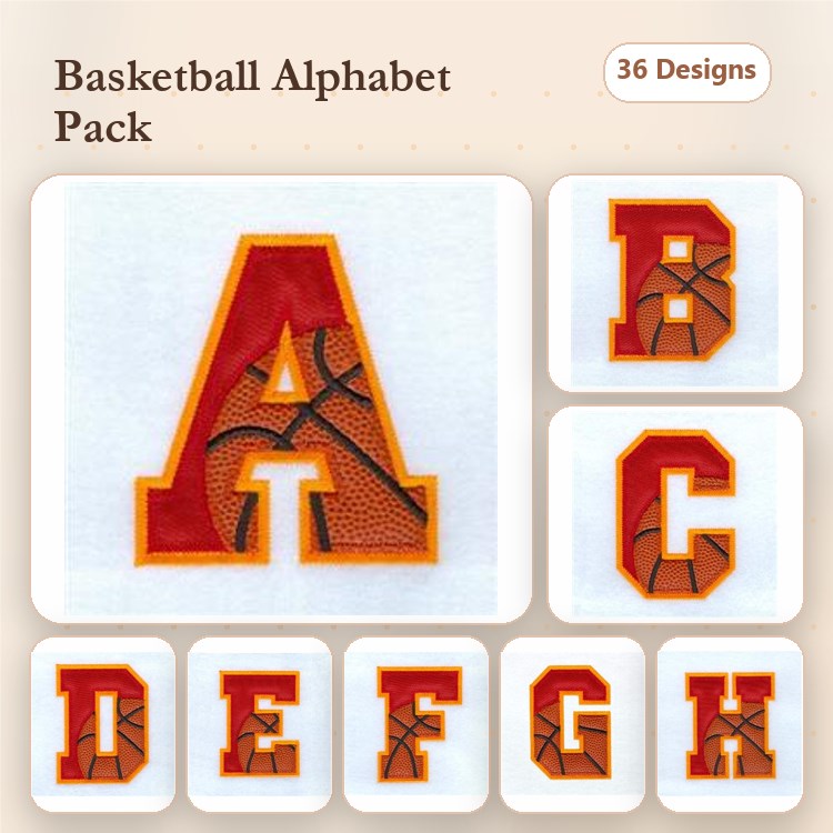 Applique Basketball Alphabet Embroidery Designs Bundle – Letters A, B, C, D, E, F, G & More (36 Designs)