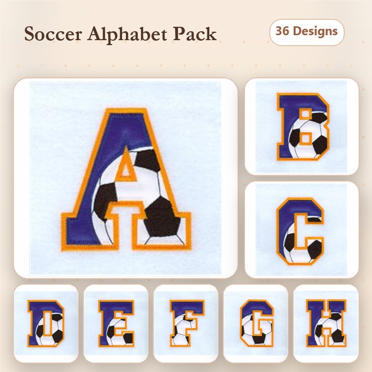 Applique Soccer Alphabet Embroidery Bundle – A with Soccer Ball, B with Soccer Ball, C with Soccer Ball & More (36 Designs)