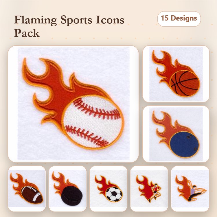 Flaming Sports Icons Embroidery Designs Bundle – Baseball, Basketball, Football, Soccer Ball & More (15 Designs)