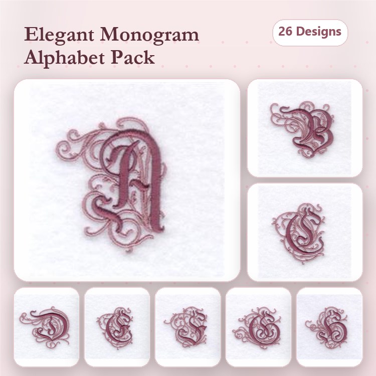 Elegant Monogram Alphabet Embroidery Designs Bundle – Monogram A, Monogram B, Monogram C, & More (26 Designs)