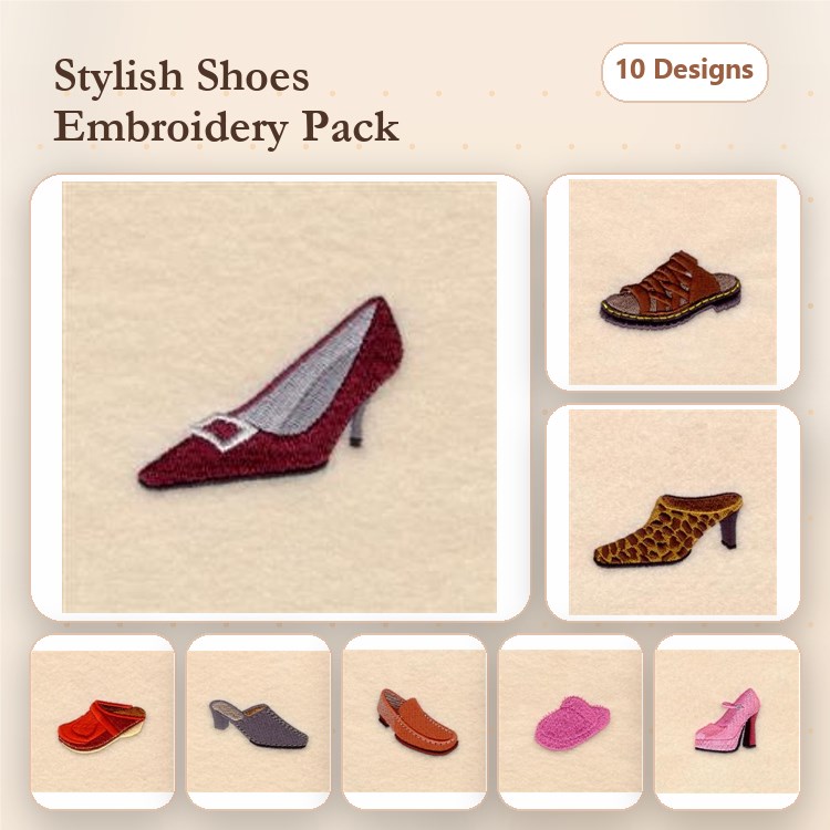 Stylish Shoes Embroidery Bundle – High Heeled Shoe, Brown Sandal, Leopard Print Slide & More (10 Designs)