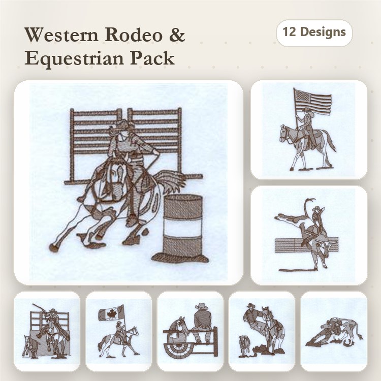Redwork Western Rodeo Embroidery Designs Bundle – Barrel Racer, Rider with Flag, Cowboy on Horse & More (12 Designs)