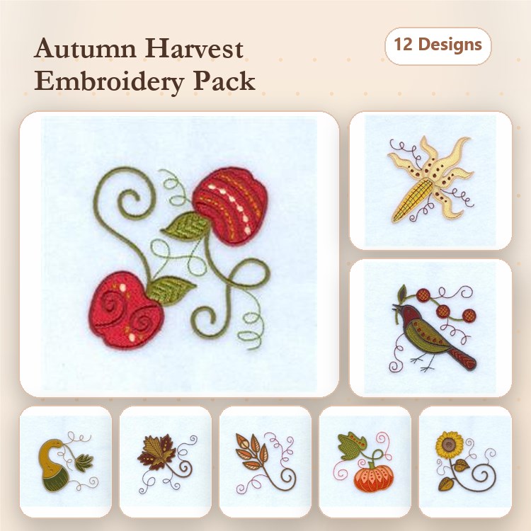 Autumn Harvest Embroidery Designs Bundle – Apple Vine, Corn Cob, Bird with Swirls & More (12 Designs)