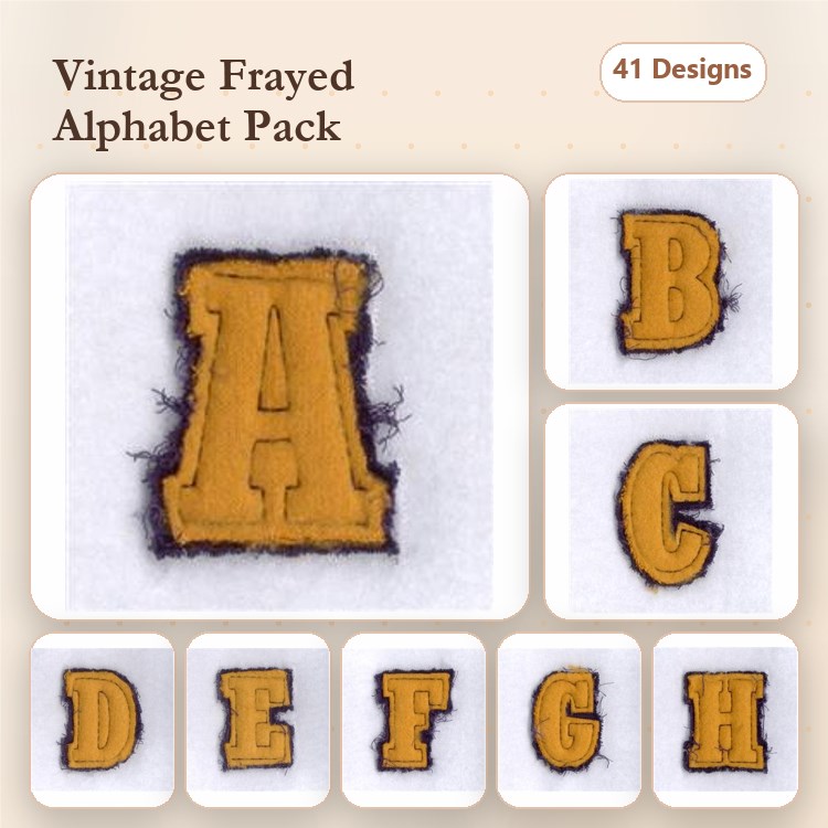 Applique Vintage Styled Alphabet Embroidery Bundle – Frayed Letters A, B, C, D & More (41 Designs)
