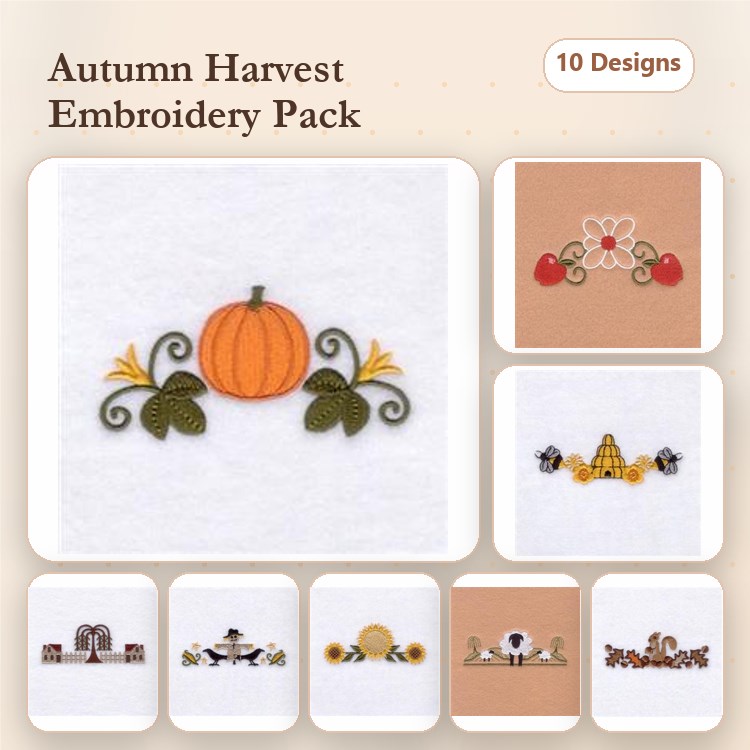 Autumn Harvest Embroidery Designs Bundle – Pumpkin, Cornucopia, Apple, Scarecrow & More (10 Designs)