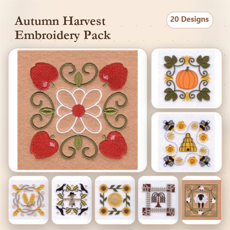 Autumn Harvest Embroidery Designs Bundle – Pumpkin, Red Berry Cluster, Floral Motif & More (20 Designs)