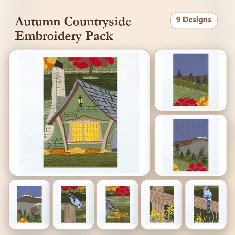 Autumn Countryside Scenes Embroidery Designs Bundle – Countryside House, Blue Jay on Fence, Rural Barn Scene & More (9 Designs)