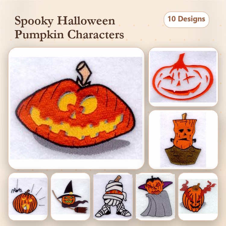 Halloween Pumpkin Characters Embroidery Designs Bundle – Grinning Pumpkin, Jack-O'-Lantern, Pumpkin Witch & More (10 Designs)