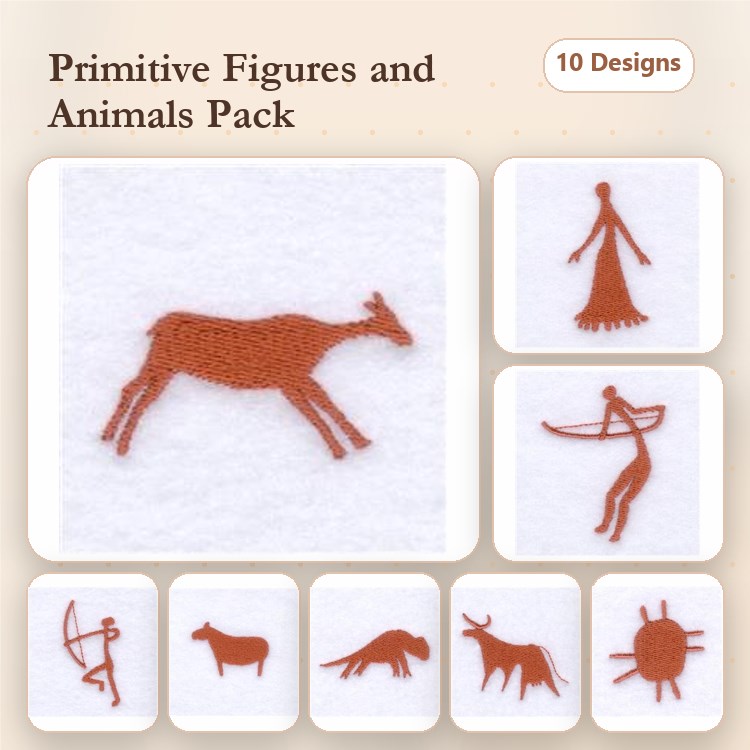 Redwork Primitive Figures & Animals Embroidery Designs Bundle – Deer, Woman, Archer & More (10 Designs)