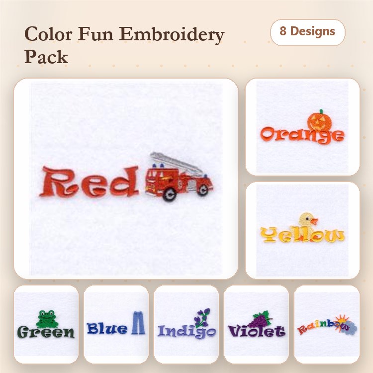 Color-Themed Lettering Embroidery Designs Bundle – Red, Orange, Yellow, Green, Blue & More (8 Designs)