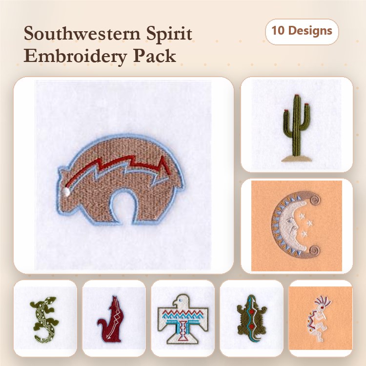 Cactus, Moon & Thunderbird Embroidery Bundle – Southwestern Designs (10 Designs)