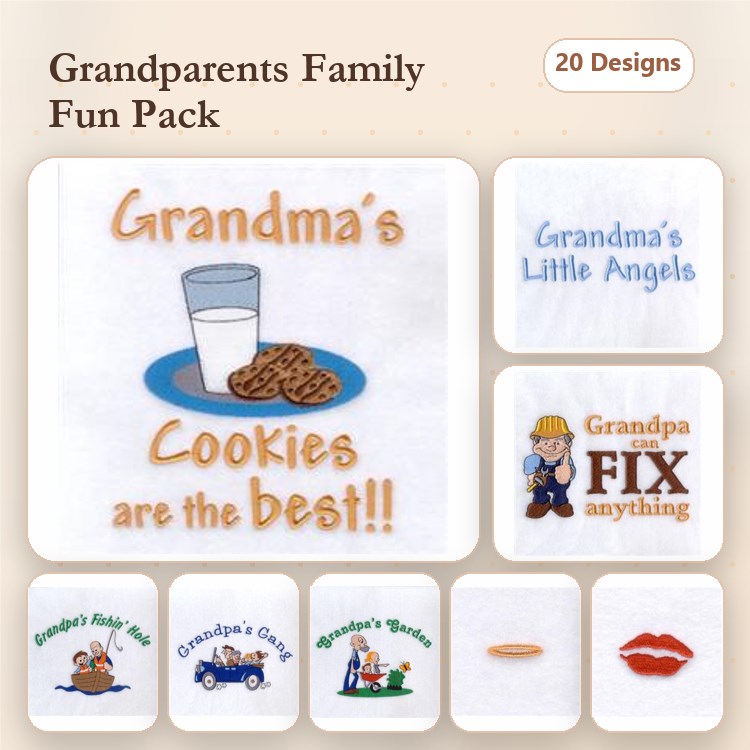 Grandparents Family Themes Embroidery Designs Bundle – Grandma's Cookies, Grandpa Can Fix Anything, & More (20 Designs)