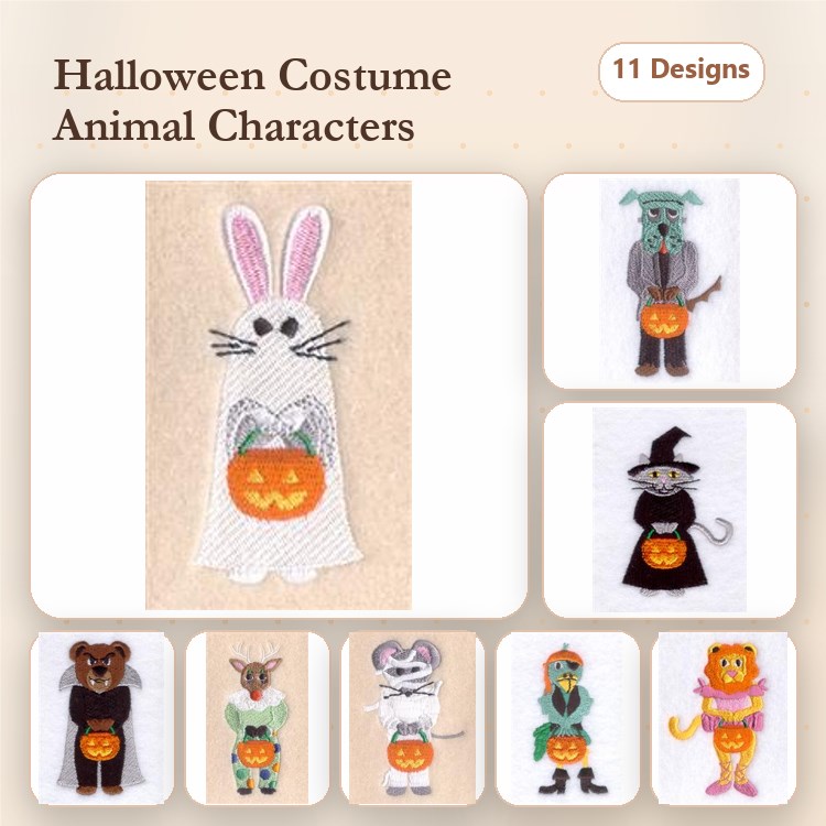 Halloween Animal Embroidery Bundle – Bunny, Dog, Cat, Bear, Deer, Mouse (11 Designs)