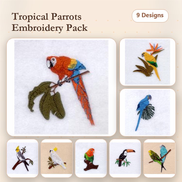 Tropical Parrots Embroidery Designs Bundle – Scarlet Macaw, Blue Macaw, Cockatoo & More (9 Designs)