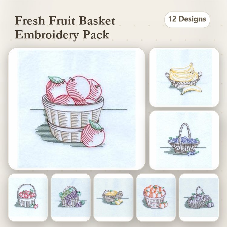 Fresh Fruit Baskets Embroidery Designs Bundle – Apple, Banana, Grape & More (12 Designs)