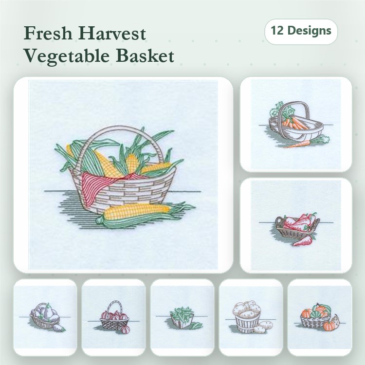 Vegetable Basket Embroidery Designs Bundle – Corn Basket, Mixed Vegetable Basket, Onion Basket & More (12 Designs)
