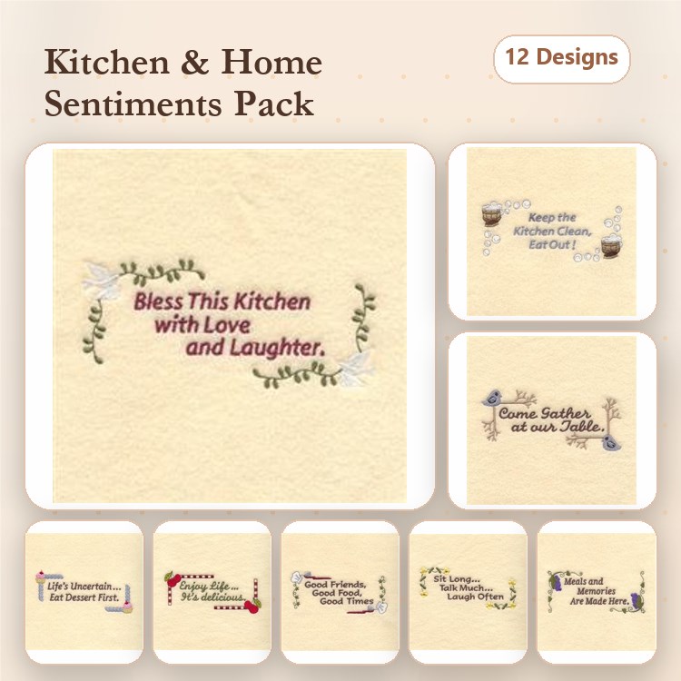 Kitchen & Home Sentiments Embroidery Designs Bundle – Bless This Kitchen, Cooking is Love, & More (12 Designs)